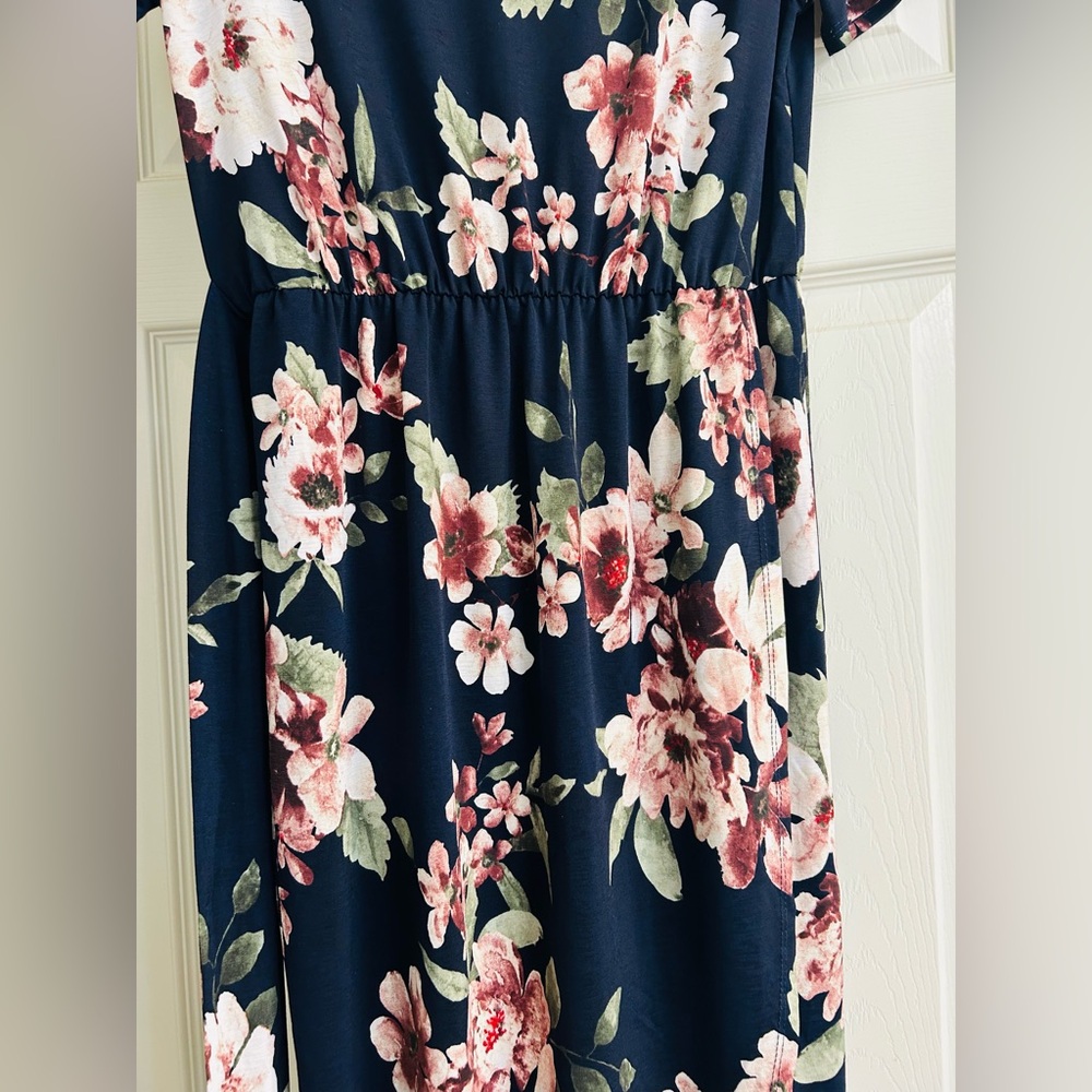 Chris and Carol Navy Floral Midi Dress with Pink Blossoms - Picture 3 of 9